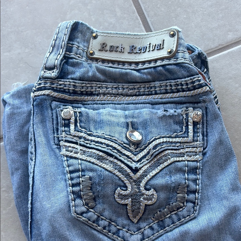 Rock Revival Blue Boot Cut Jeans with Decorative Stitching